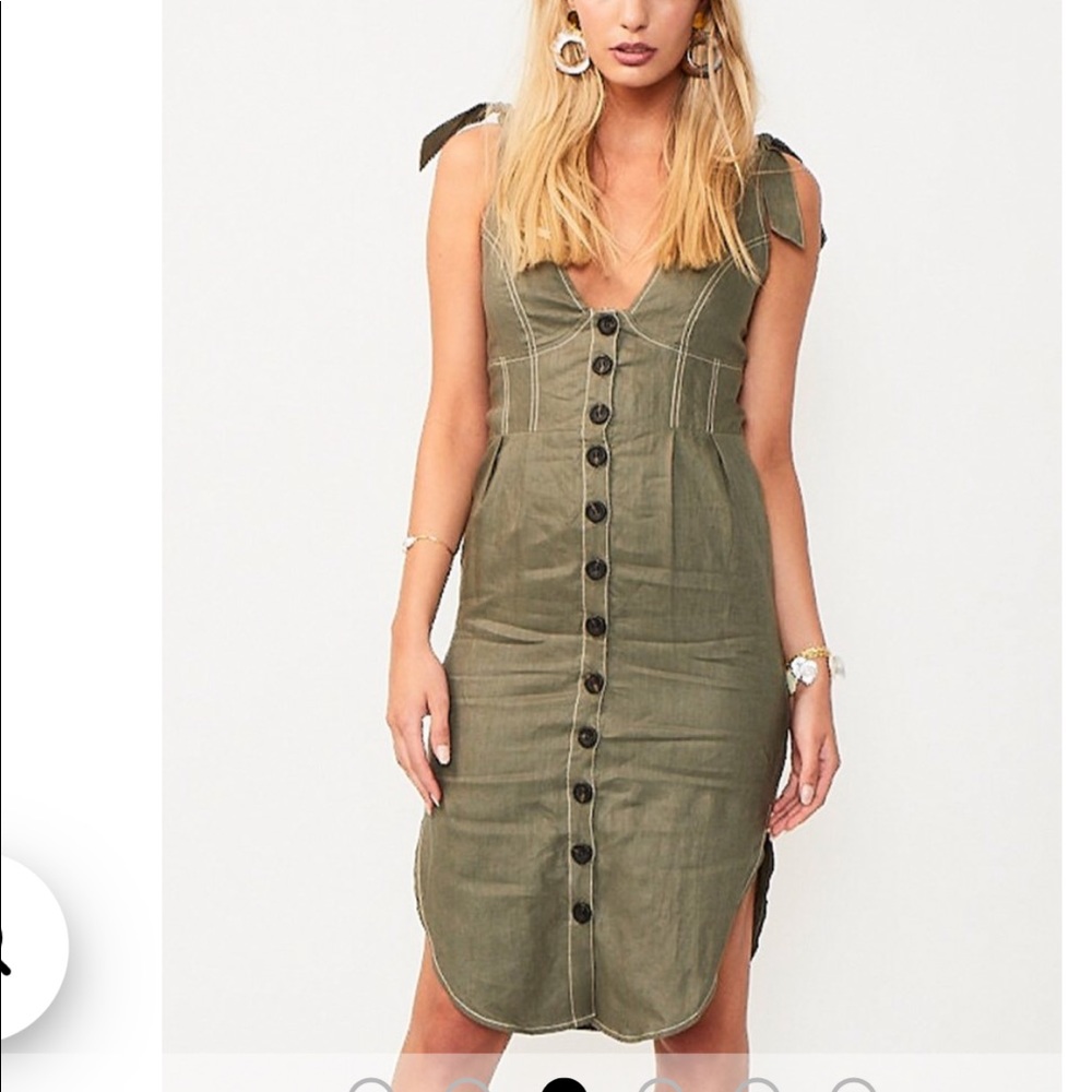 Sleeveless Olive Button-Front Midi Dress with Tie Straps